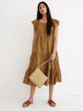 Madewell Ruffle-Sleeve Tiered Midi Dress in Daisy Stitch weathered olive